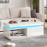 High Glossy LED Coffee Table with Drawer Storage, Wooden Centre Table with RGB Led Lights Rectangle Tea Table for Living Room Furniture, white Coffee Table with Open Display Shelf