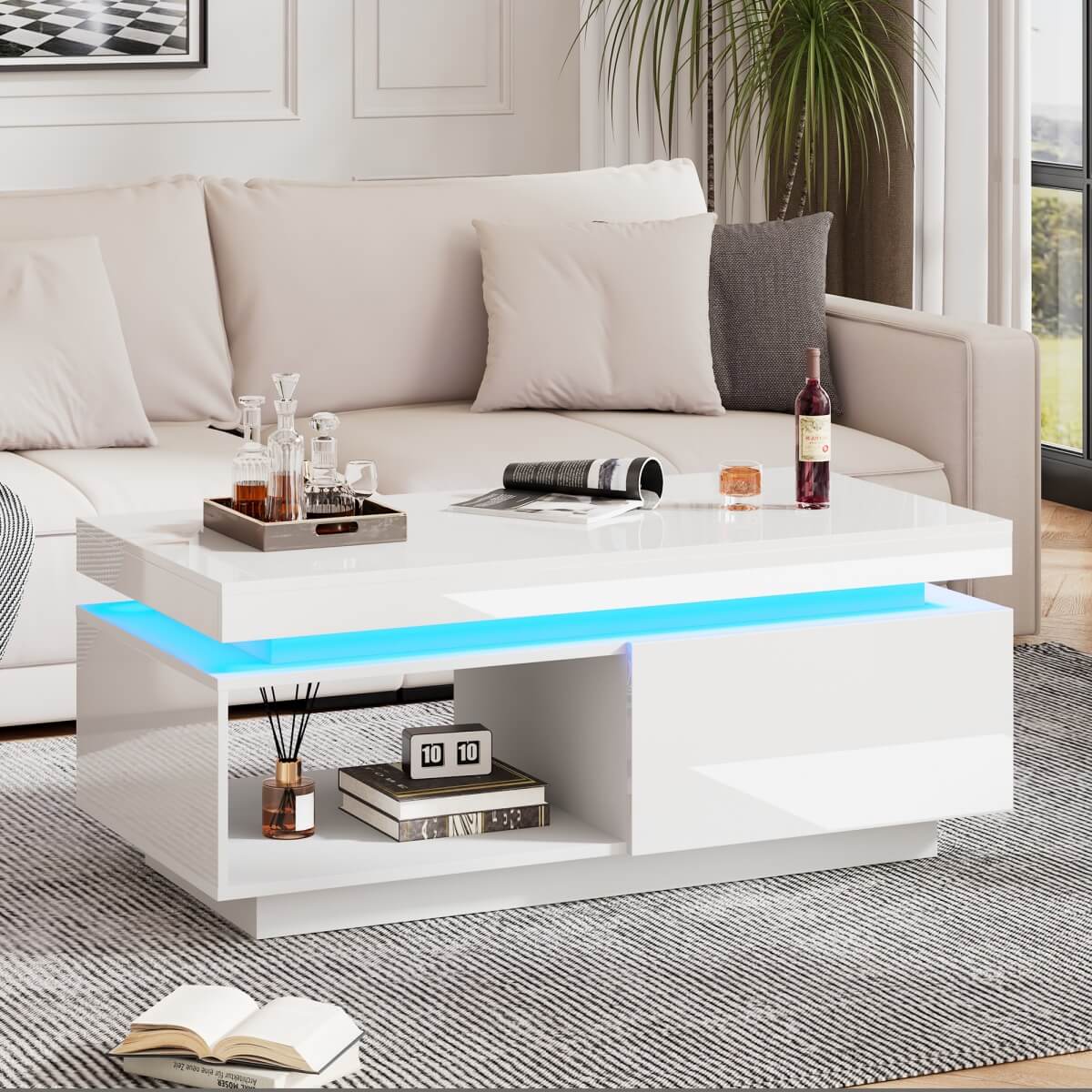 High Gloss Coffee Table – LED RGB Lights, Drawer Storage & Open Shelf, White