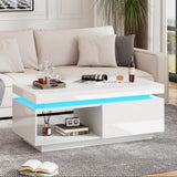 High Gloss Coffee Table – LED RGB Lights, Drawer Storage & Open Shelf, White
