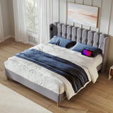 4ft6 Double Upholstered Bed with USB Charging - Grey Linen Bed Frame