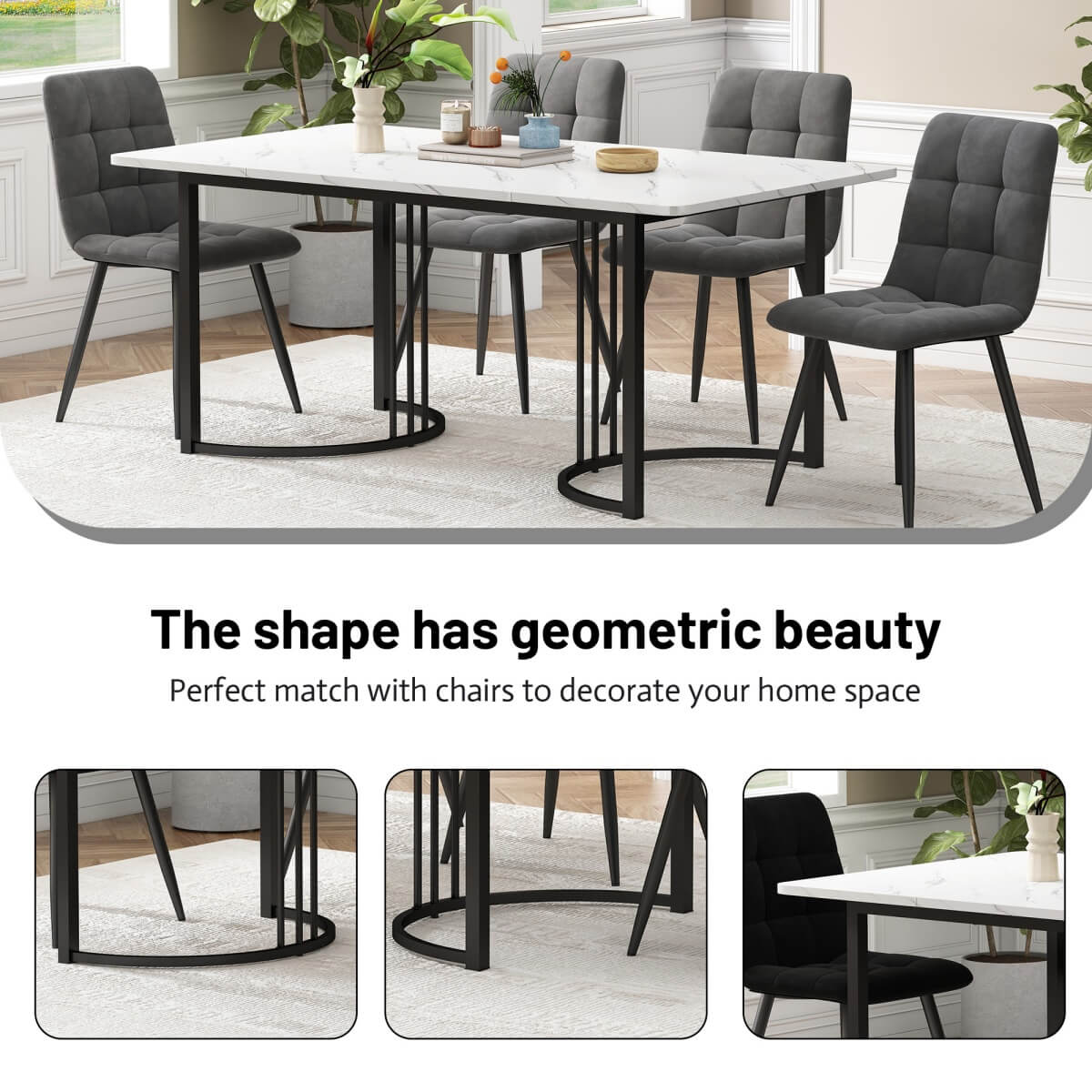 140 × 80 cm Modern Dining Table - Rectangular Marble Effect Table with Metal Frame