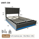 Ottoman Double Bed with LED Lighting, Hydraulic Storage, Adjustable Headboard, Grey PU Leather