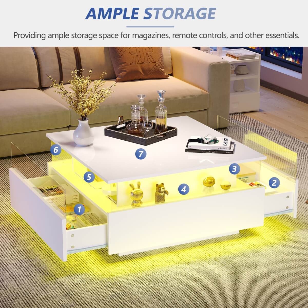 LED Coffee Table with Storage - Square Design, 2 Sliding Drawers, White