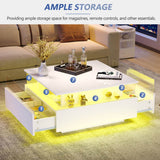 LED Coffee Table with Storage - Square Design, 2 Sliding Drawers, White