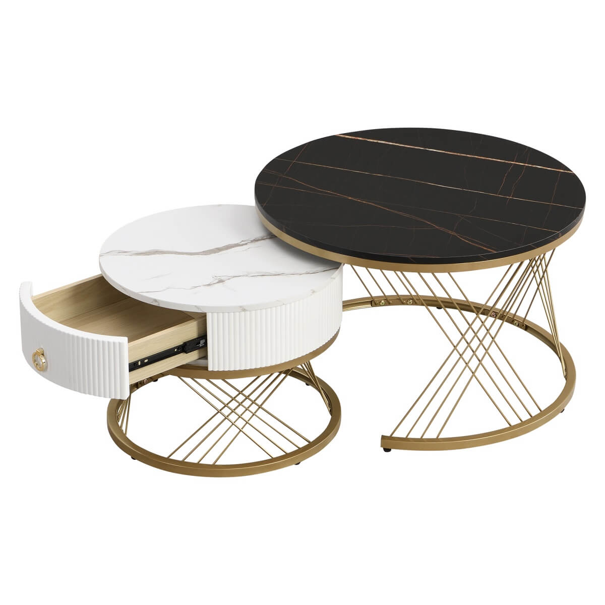 Nesting Coffee Table Set of 2 with Drawers - Marble Effect Tables with Gold Frame