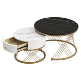 Nesting Coffee Table Set of 2 with Drawers - Marble Effect Tables with Gold Frame