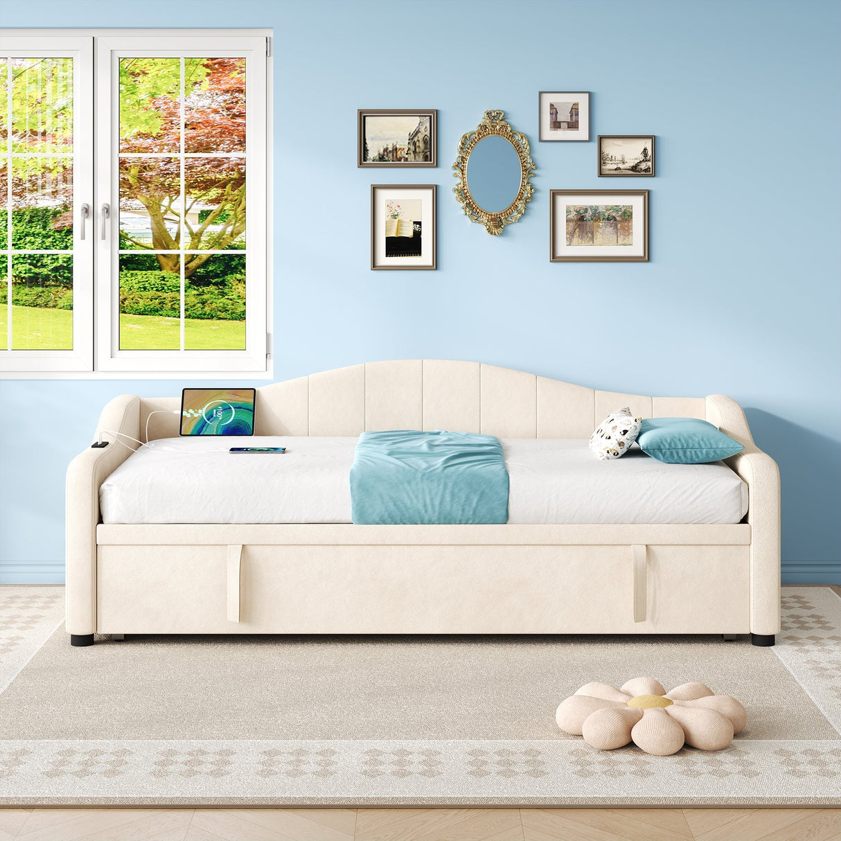 Upholstered Bed 90x190cm Daybed Sofa Bed with Charging Station, 3ft Single Velvet Bed with USB and Type-C Ports, Pull Out Trundle Bed, Beige