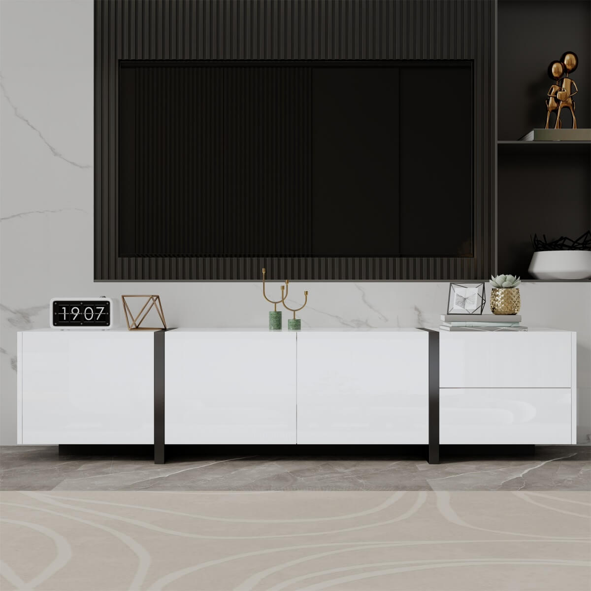 White High-Gloss TV Cabinet - Black Legs with Storage Doors & Drawers