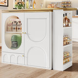 Modern Swivel Bar Table with Storage - White Rotating Kitchen Island with Shelves and 2 Doors