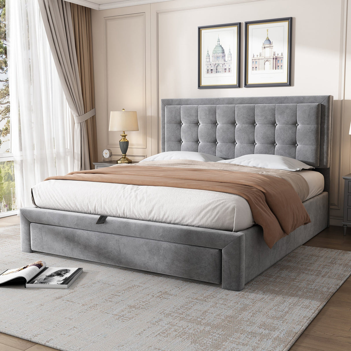 Upholstered Bed, 4ft6 Double (135x190cm) with Large Storage Space, Slats & Headboard, Grey Velvet