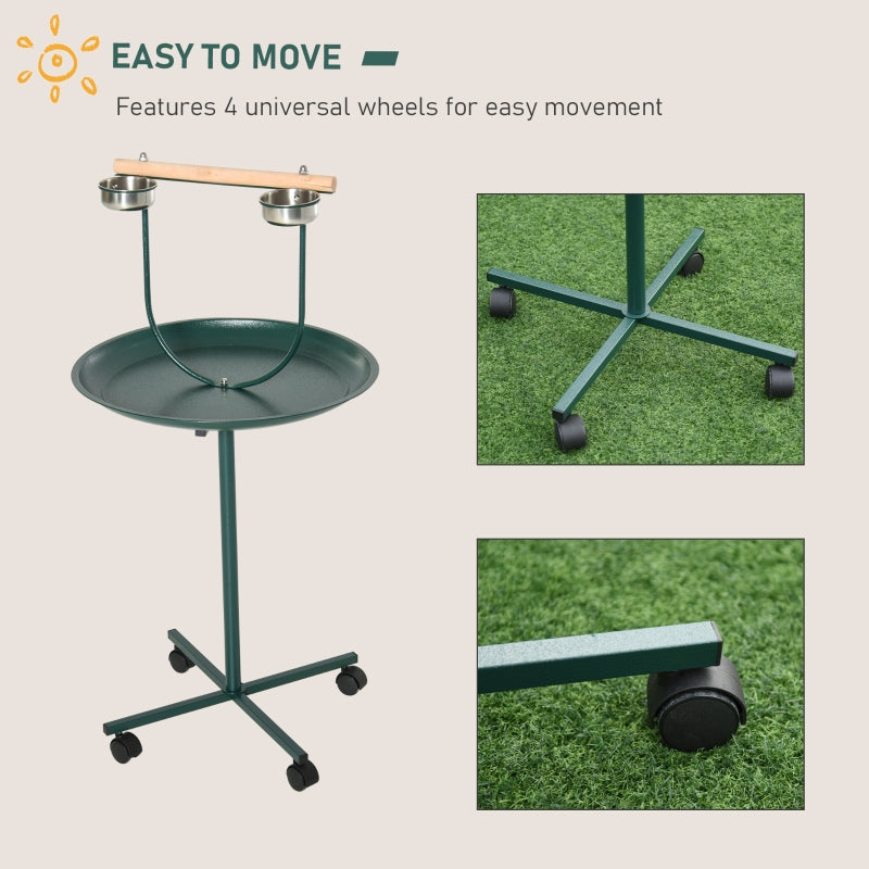 Bird Perch Stand, Four Wheels Feeding Bowls, Green