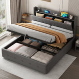 4ft6 Double Upholstered Bed Frame with Hydraulic Storage, Charging Station and LED Night Light, Grey