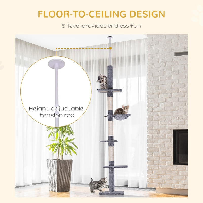 Floor to Ceiling Cat Tree - 5-Tier Kitty Tower Climbing Activity Center Scratching Post Adjustable Height - Grey