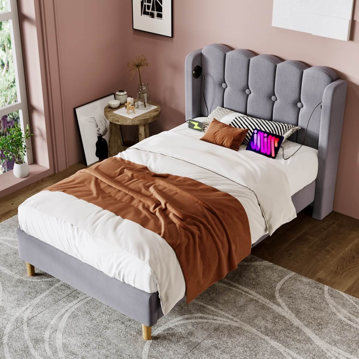 3ft Single Grey Linen Bed – Upholstered Bed Frame with USB & Type-C Charging, Wooden Slats, Teens & Guest Room