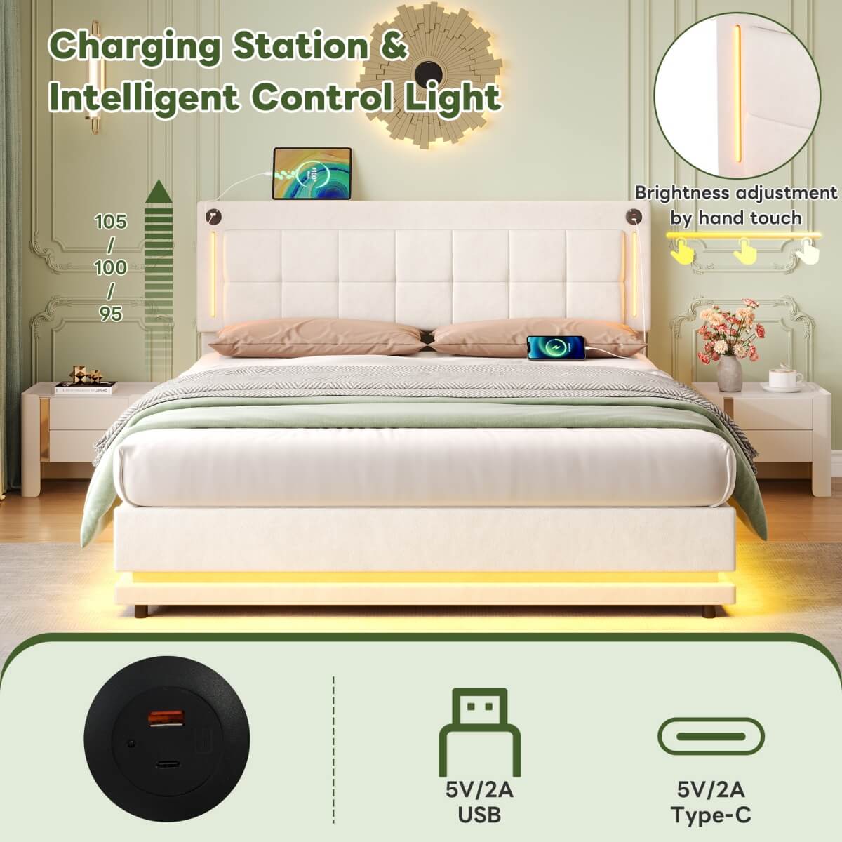 4ft6 Double Velvet LED Hydraulic Bed - Adjustable Tufted Headboard with USB and Type C Charging