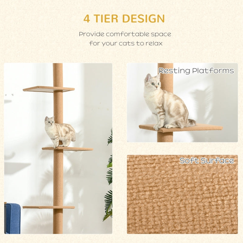 Cat Tree 260cm Floor To Ceiling, Three Platforms Activity Centre - Brown