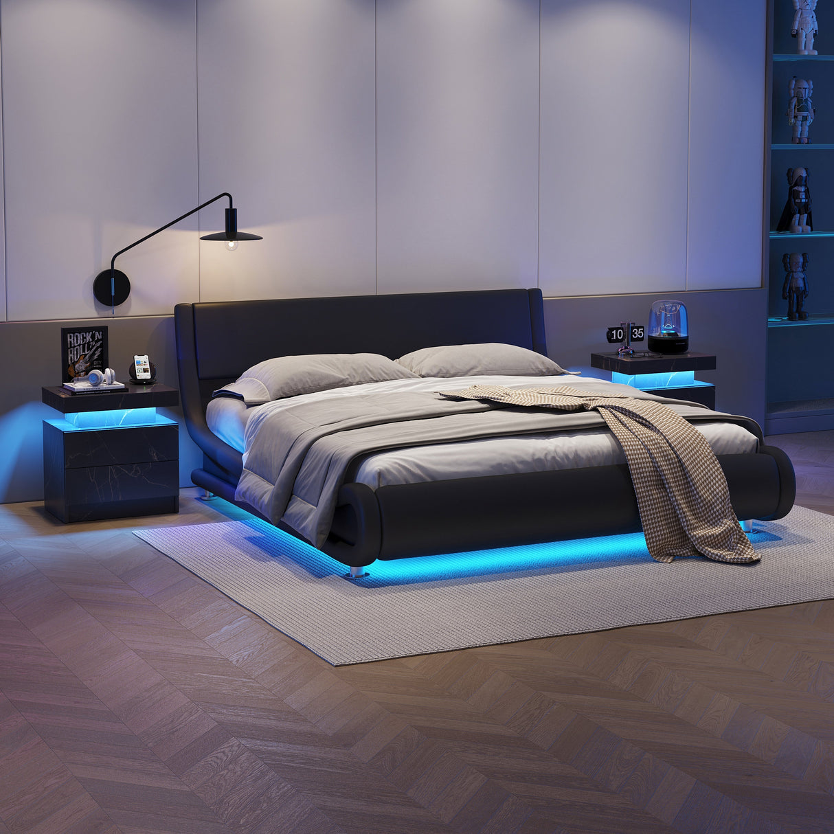 Nightstand with LED Bedside Table Cabinet Lights and 2 Drawers, Black Gold