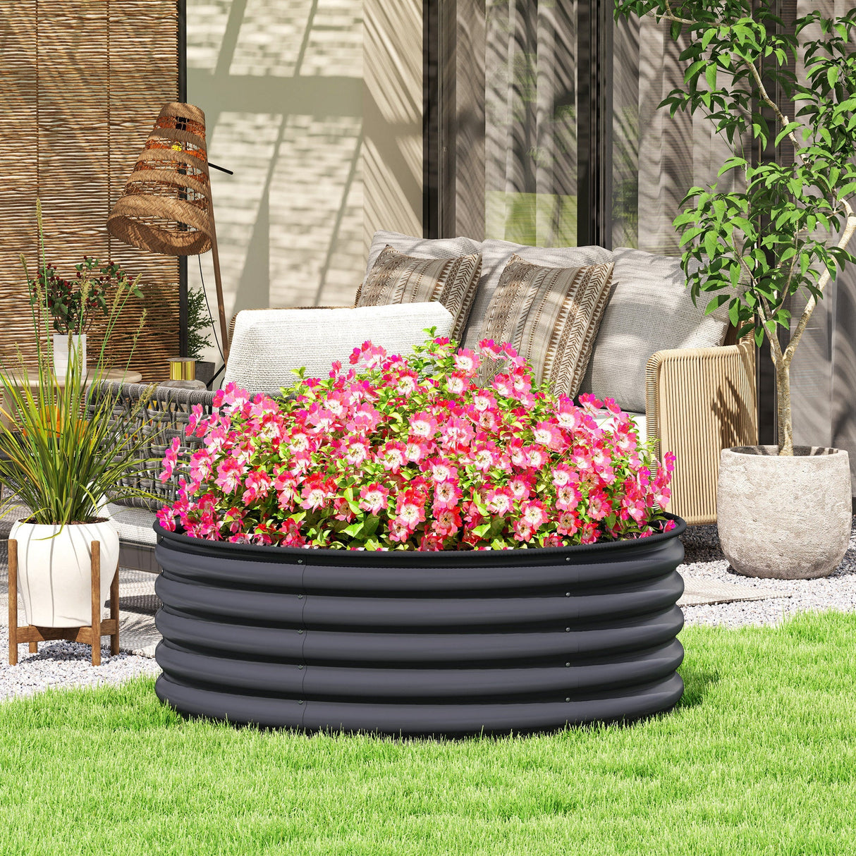 Galvanised Raised Garden Bed with Safety Edging, Outdoor Planter Box, 120 x 120 x 43cm, Dark Grey