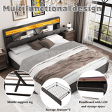 5ft King Upholstered Storage Bed with LED Lights – Hydraulic Bed with Drawers, Bed Box and Stowable Headboard