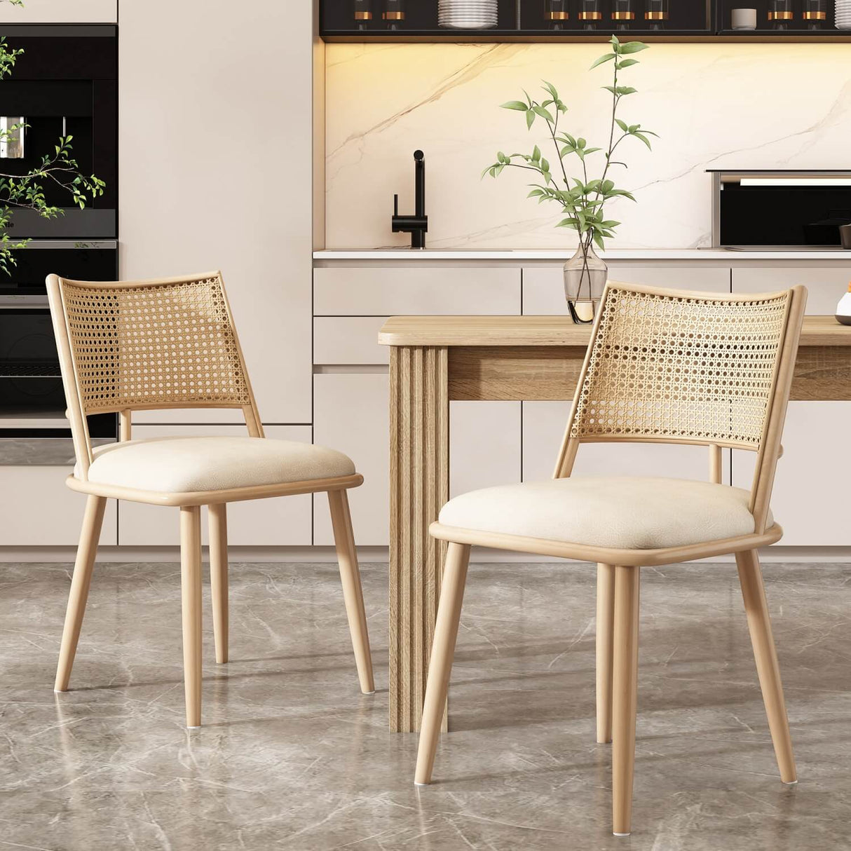 Set of 2 PU & Rattan Kitchen Chairs – Bamboo Frame Retro Side Chairs for Home, Café & Restaurant