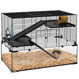 Hamster Cage, 3 Tiers with Deep Glass Bottom, Non-Slip Ramps, Water Bottle, Clear