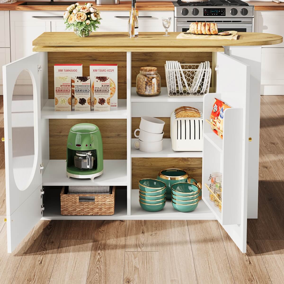 Modern Swivel Bar Table with Storage - White Rotating Kitchen Island with Shelves and 2 Doors