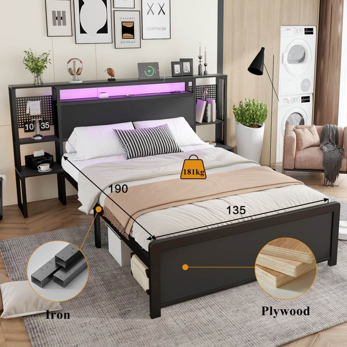4ft6 Double Metal Bed Frame with LED Lights and Integrated Bedside Table - Black Iron Bed with 2 USB-A Ports and 1 USB-C Charging Port