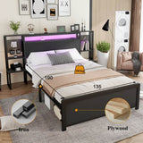 4ft6 Double Metal Bed Frame with LED Lights and Integrated Bedside Table - Black Iron Bed with 2 USB-A Ports and 1 USB-C Charging Port