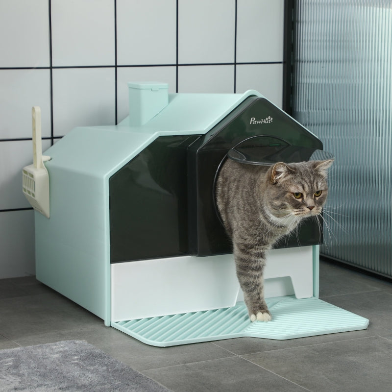 Hooded Cat Litter Tray with Scoop, Light Blue