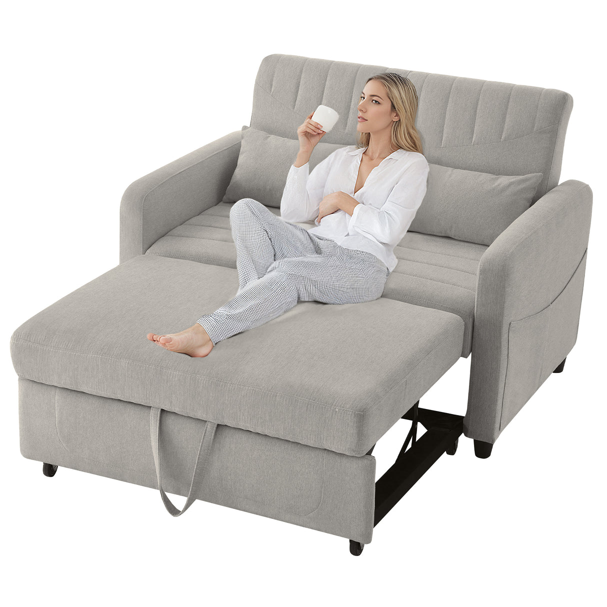 [Sofa Bed with Sleeping Function] Two-Seater Fold-Out Sofa, Pull-Out Design, Simple and Modern, Contemporary Style, Three-Level Adjustable Backrest, Breathable Cotton-Linen Fabric