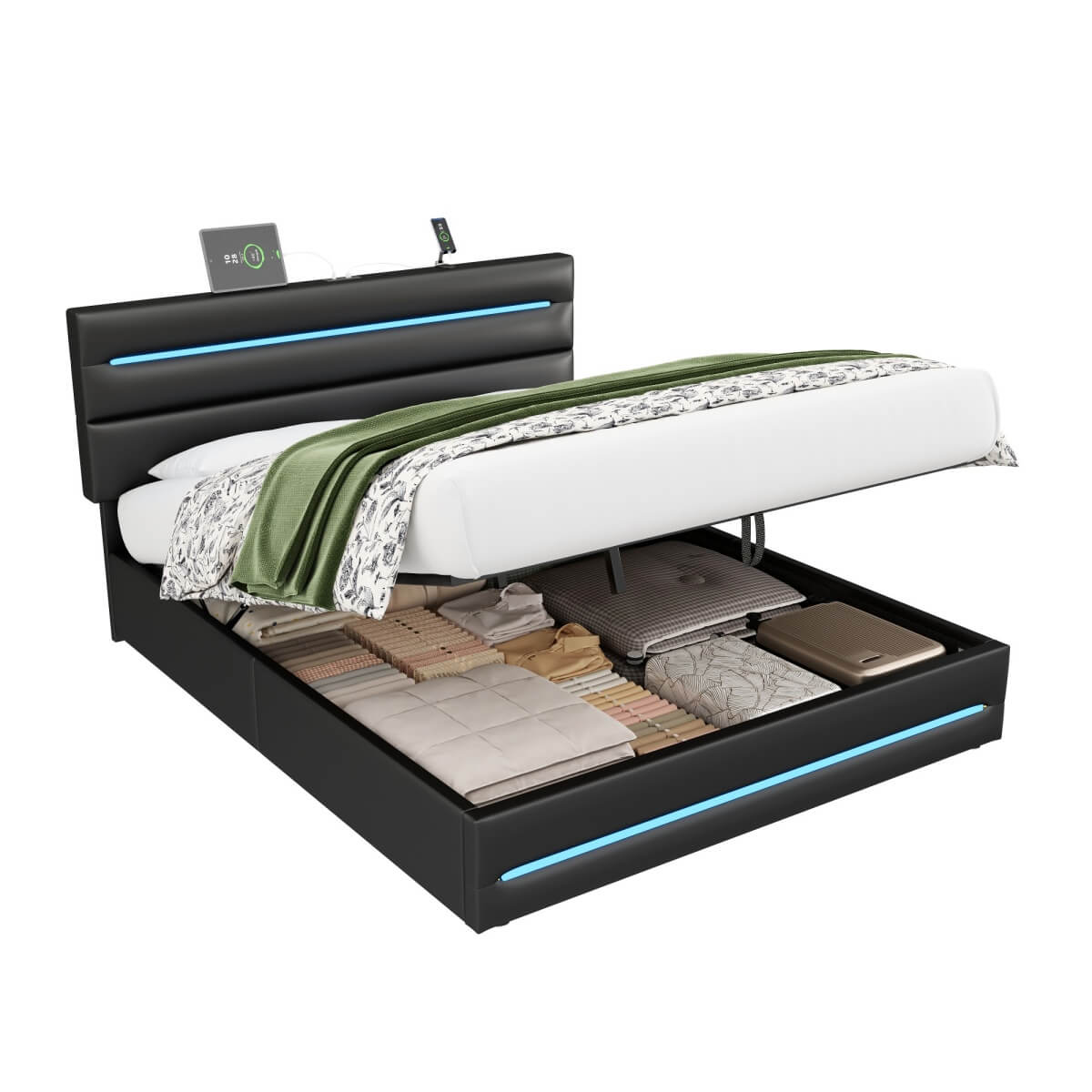 5ft King Ottoman Bed with LED Headboard - PU Upholstered Bed with Hydraulic Storage and USB & Type-C Charging