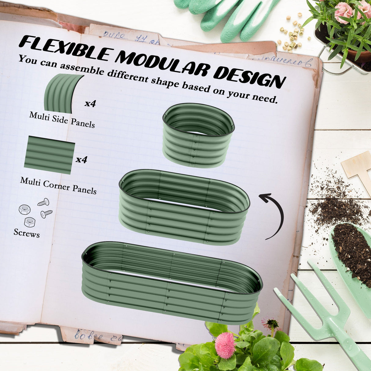 Galvanised Raised Garden Bed, Metal Planter Box with Safety Edging, Green