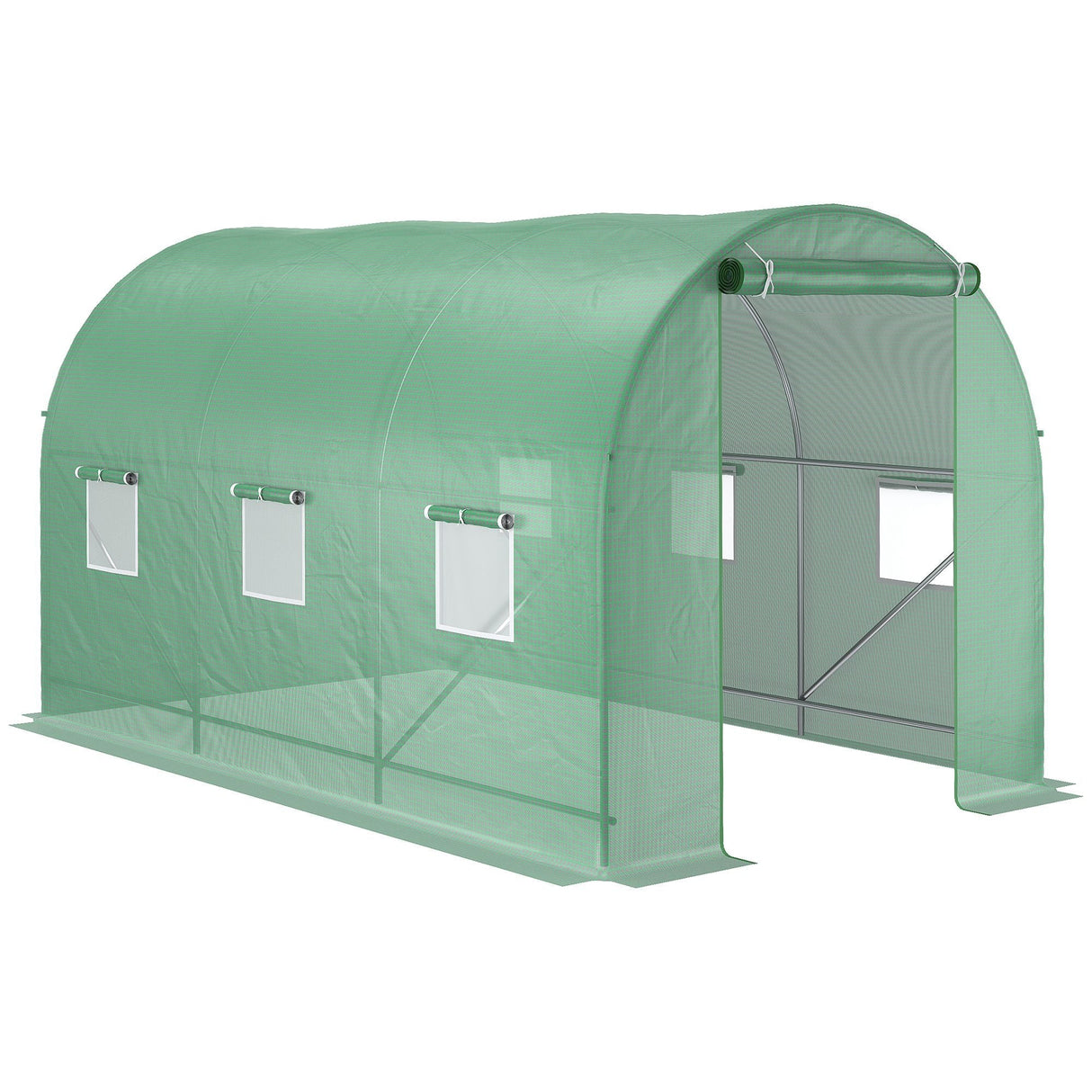 Walk-In Polytunnel Greenhouse, 3.5 x 2m Steel Frame, PE Cover, Roll-Up Door and 6 Windows, Green