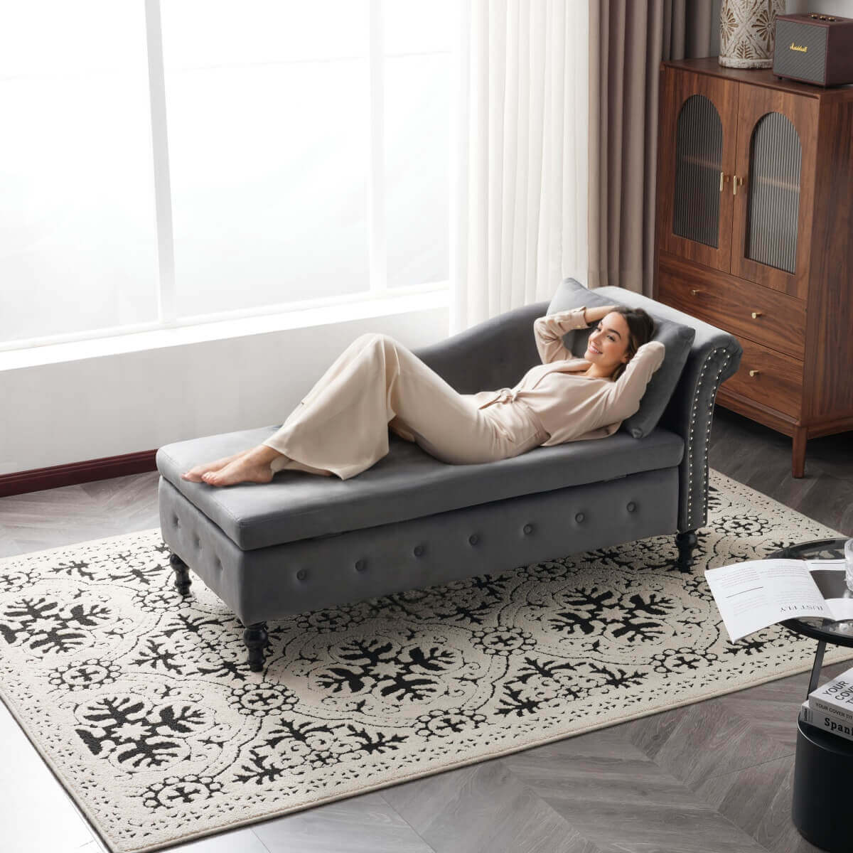 Velvet Chaise Lounge with Storage - Upholstered Right Hand Chaise Sofa, Button Tufted