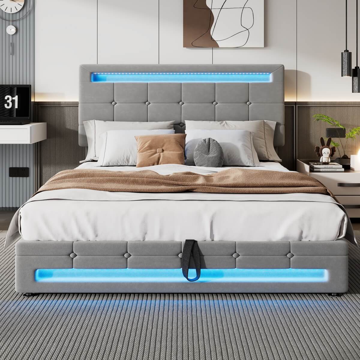 4ft6 Double Velvet Ottoman Bed - LED Storage Bed Frame with 7 Colour Lights, Grey