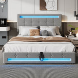 4ft6 Double Velvet Ottoman Bed - LED Storage Bed Frame with 7 Colour Lights, Grey