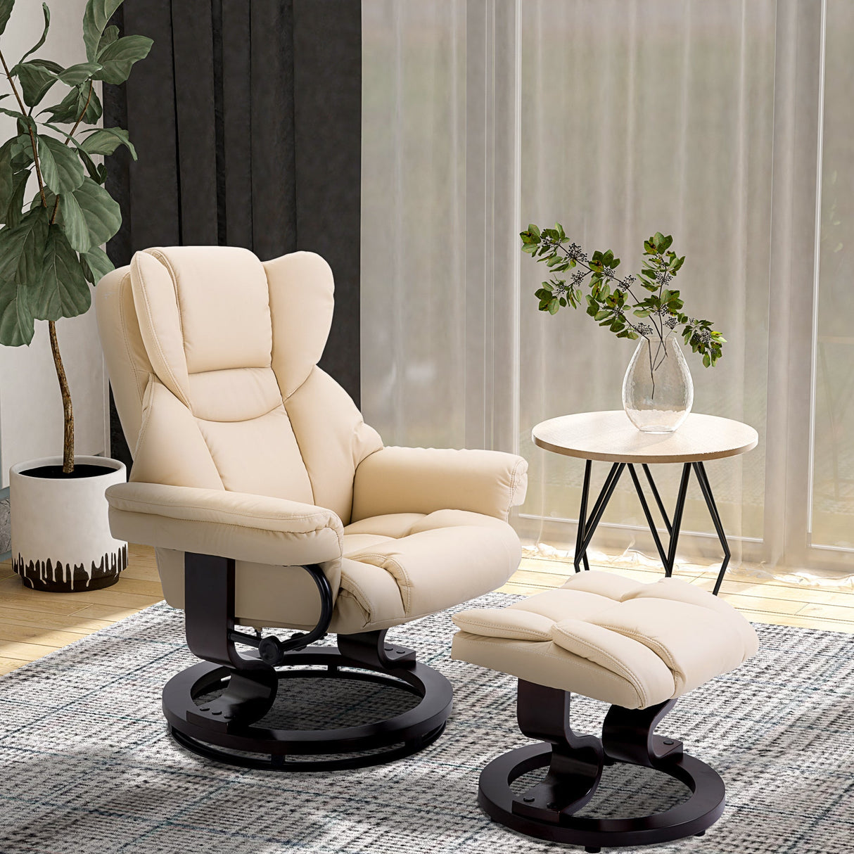 360?? Swivel Recliner Chair with Footstool, PU Leather Manual Reclining Armchair, Cream
