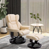 360?? Swivel Recliner Chair with Footstool, PU Leather Manual Reclining Armchair, Cream
