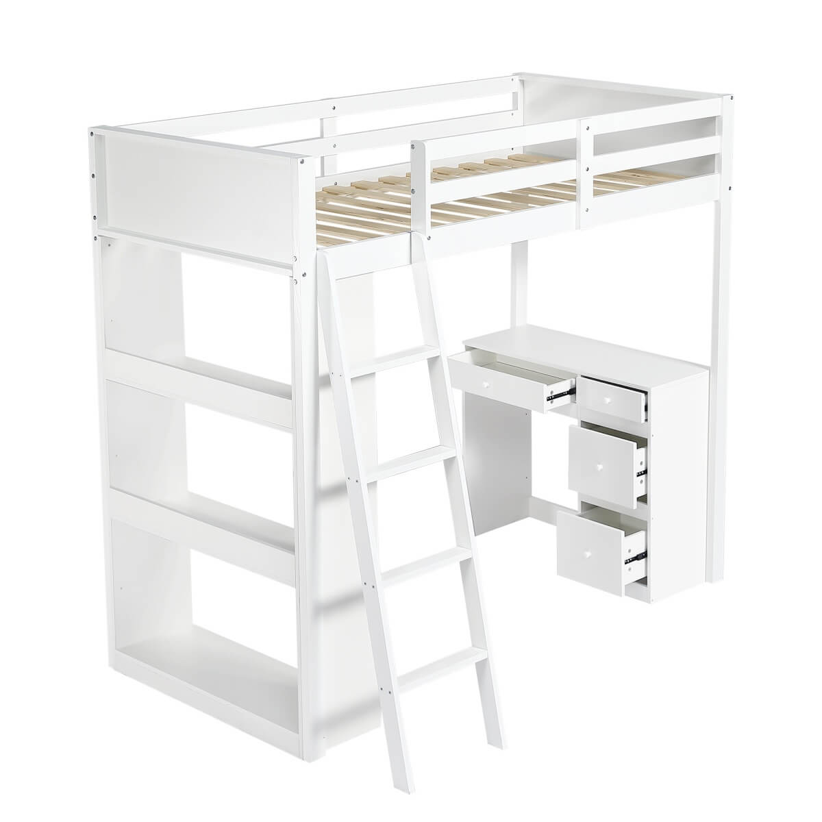 3ft Kids Bunk Bed with Desk & Storage – White Wooden Bed with 4-Step Ladder, Drawers & Shelves