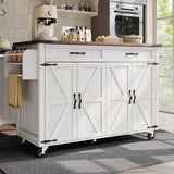 Farmhouse Kitchen Island Trolley - Rolling Storage Cabinet with Drawers, Adjustable Shelf & Spice Rack, White