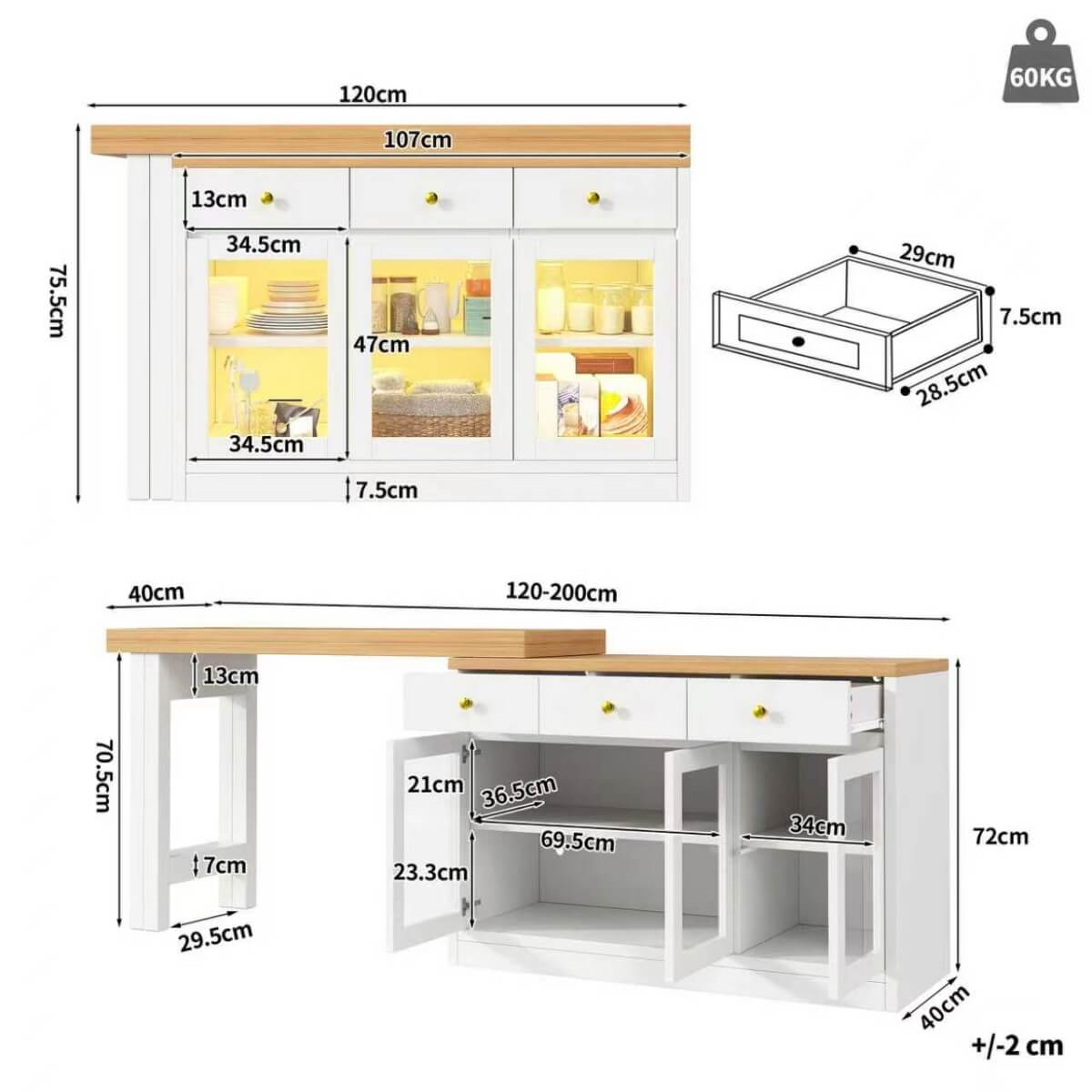 Extendable Kitchen Island with LED Lights - 120-200cm Dining Table with Storage, Drawers and Glass Cabinets, White