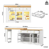 Extendable Kitchen Island with LED Lights - 120-200cm Dining Table with Storage, Drawers and Glass Cabinets, White