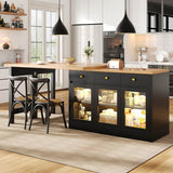 Extendable Kitchen Island - 120-200cm Dining Table with Storage, LED Lights, Drawers & Glass Cabinets, Black