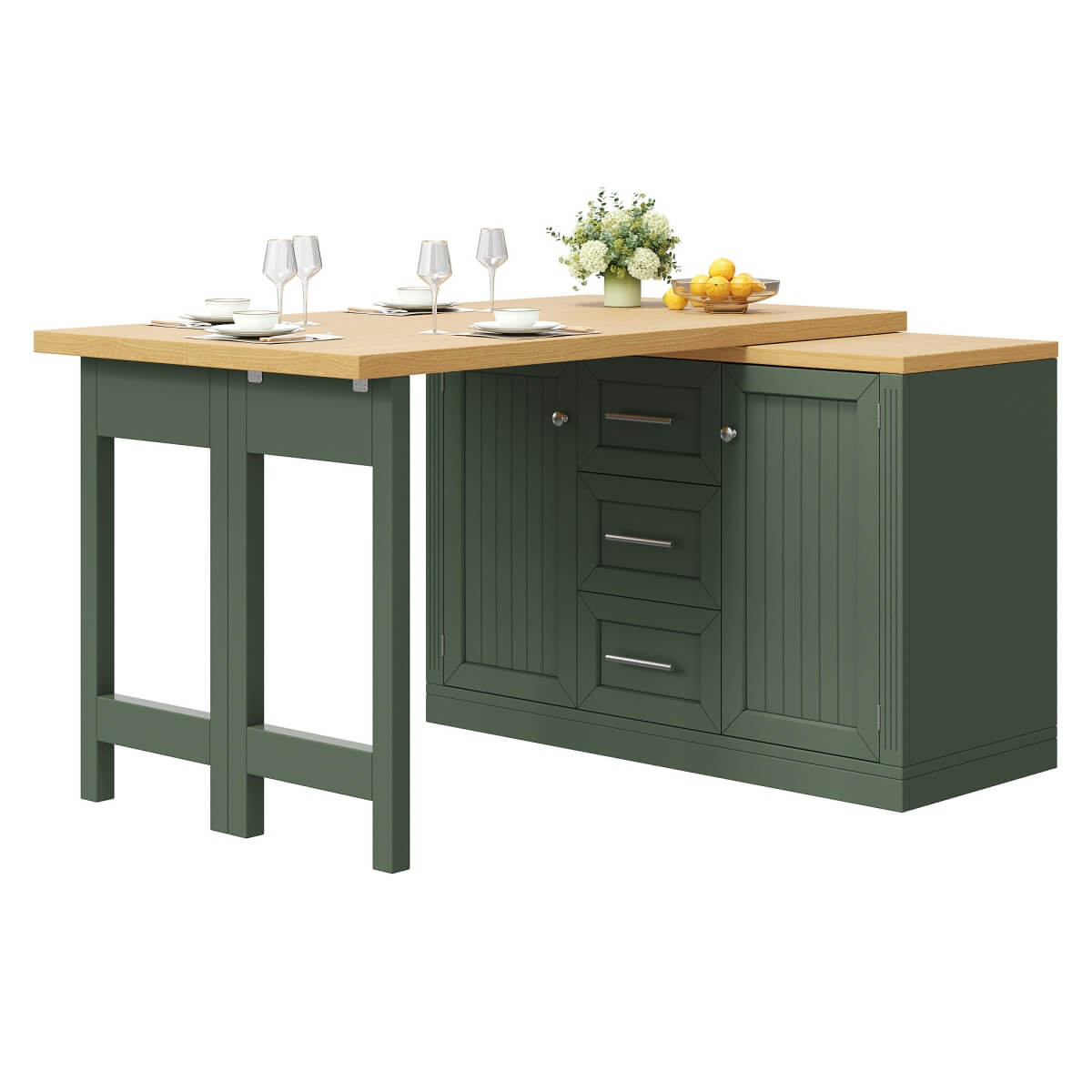 Extendable Kitchen Island with Storage - Sideboard Dining Table with 3 Drawers & Snack Racks, Antique Green