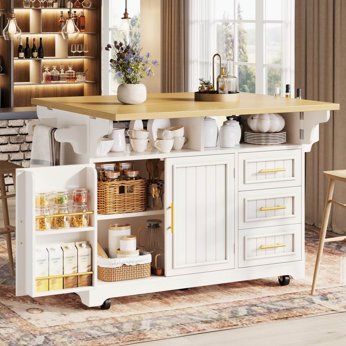 White Kitchen Island with Extendable Dining Table - Rolling Kitchen Island with Storage Drawers, Vertical Slat Doors and Double Fold-Out Worktop