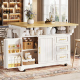 White Kitchen Island with Extendable Dining Table - Rolling Kitchen Island with Storage Drawers, Vertical Slat Doors and Double Fold-Out Worktop