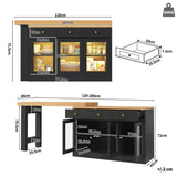 Extendable Kitchen Island - 120-200cm Dining Table with Storage, LED Lights, Drawers & Glass Cabinets, Black