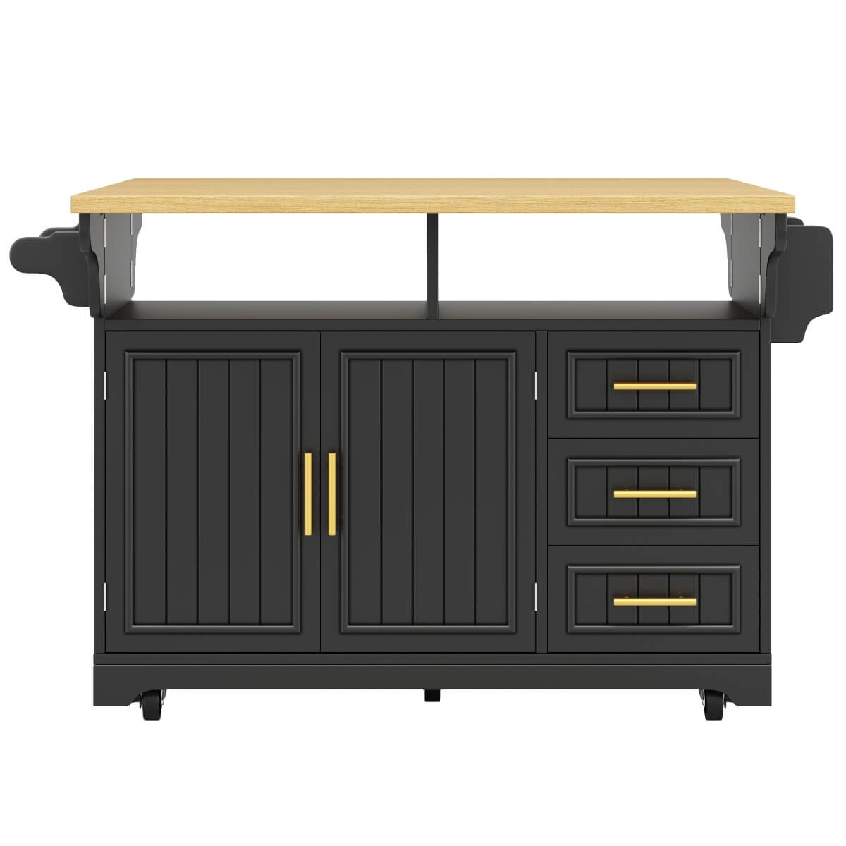 Black Kitchen Island with Extendable Dining Table - Rolling Kitchen Island with Storage Drawers, Vertical Slat Doors and Double Fold-Out Worktop