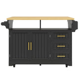 Black Kitchen Island with Extendable Dining Table - Rolling Kitchen Island with Storage Drawers, Vertical Slat Doors and Double Fold-Out Worktop