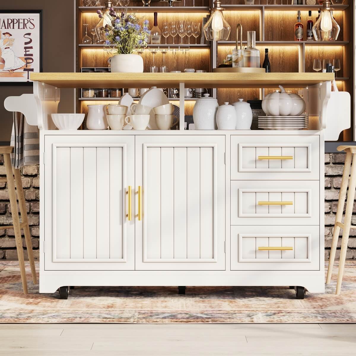 White Kitchen Island with Extendable Dining Table - Rolling Kitchen Island with Storage Drawers, Vertical Slat Doors and Double Fold-Out Worktop
